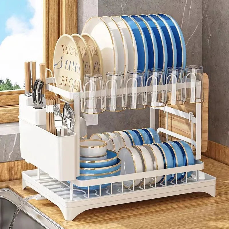 Large 2-tier dish drying rack for kitchen countertops, removable large-capacity dish draining rack