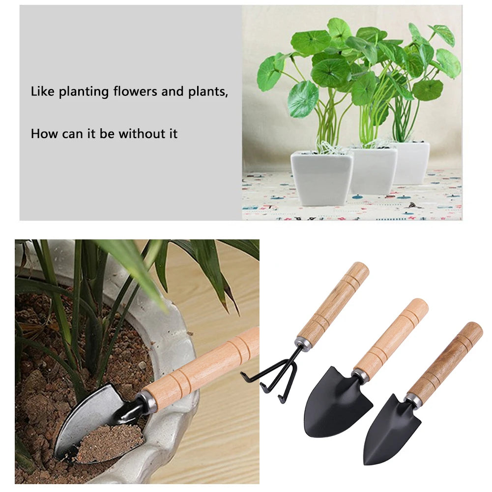 3Pcs Shovel Rake Spade Set Small Rake Shovel Spade Multifunction Hand Planting Tools Wooden Handle for Indoor Gardening