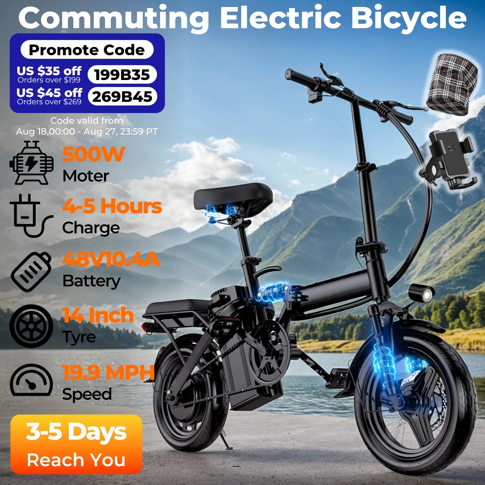 LELEKUAI 500W Adult Electric Bike, 20 MPH, 48V 10.4Ah Removable Battery, 14 Inch Folding Electric Bike, Multi-Shock Absorption
