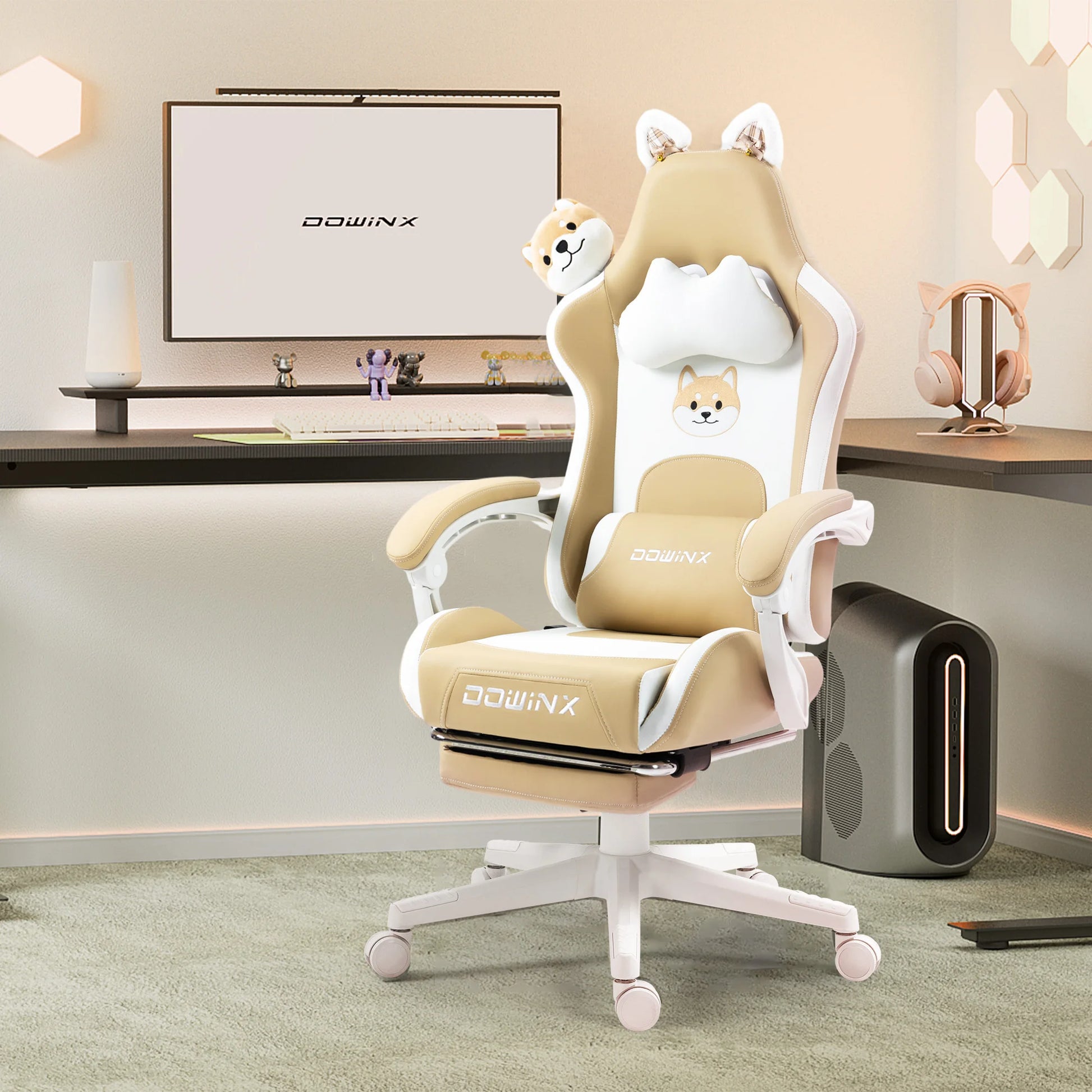 Gaming Chair Cute with Cat Ears and Massage Lumbar Support, Ergonomic Computer Chair for Girl with Footrest and Headrest