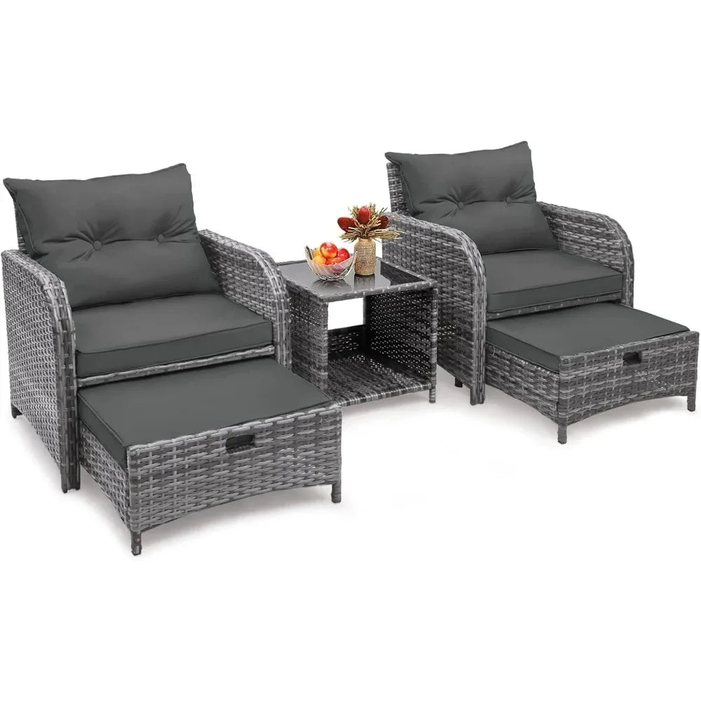 5 Pieces Wicker Outdoor Patio Chairs Set with Ottoman, Patio Furniture Set with Foot Rest Underneath, PE Rattan Garden Arm Chair