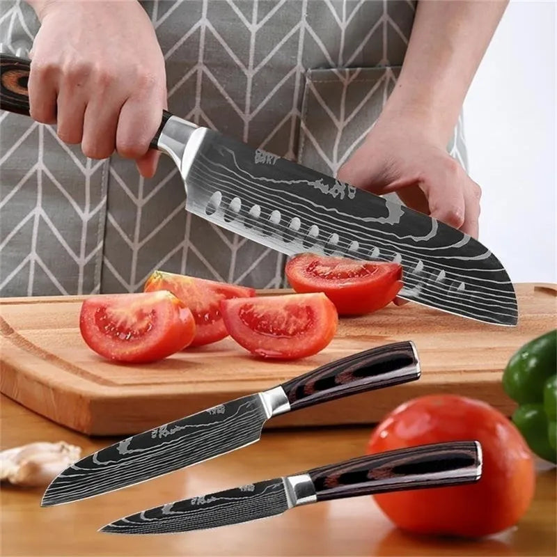 8 " Kitchen Knives Sharp Chef Knife Stainless Steel Laser Damascus Style Cleaver Sushi Knife Slicing Utility Cooking Accessories