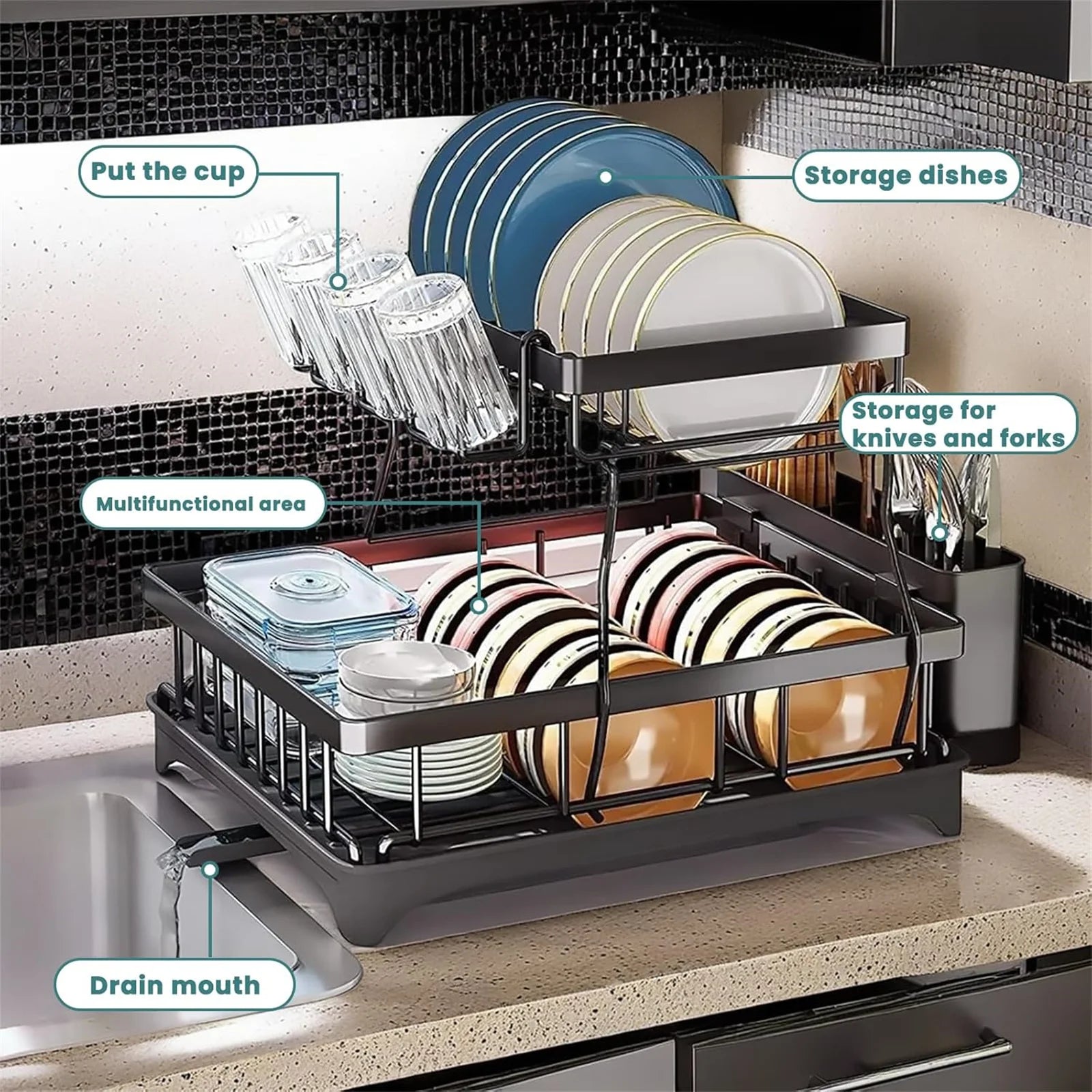 2-Tier  Steel Dish Drying Rack – Large Kitchen Countertop Organizer with Drainer & Cutlery Holder