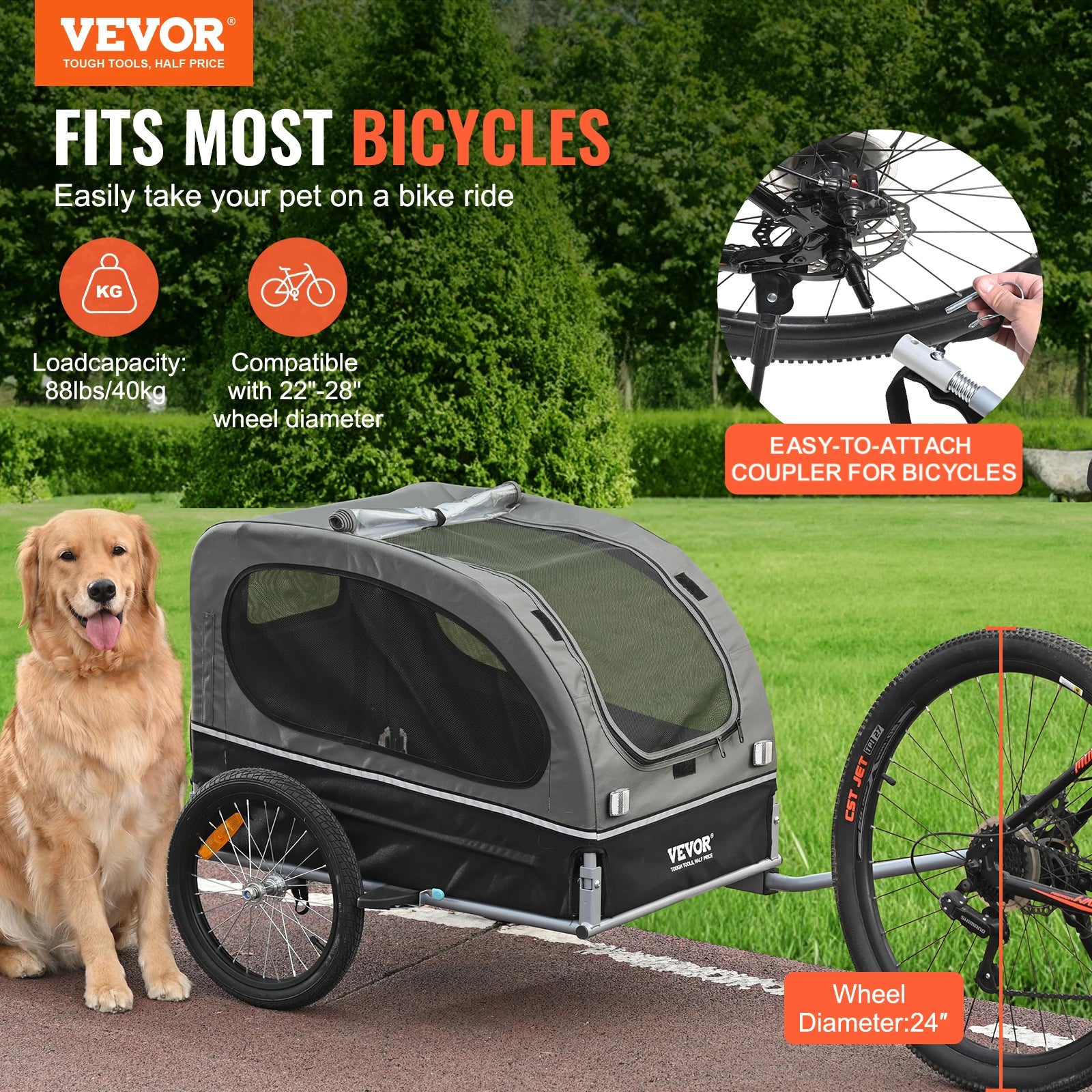 Dog Bike Trailer Pet Cart Bicycle Carrier with Wheels Coupler Reflectors Flag Collapsible to Store for Dogs