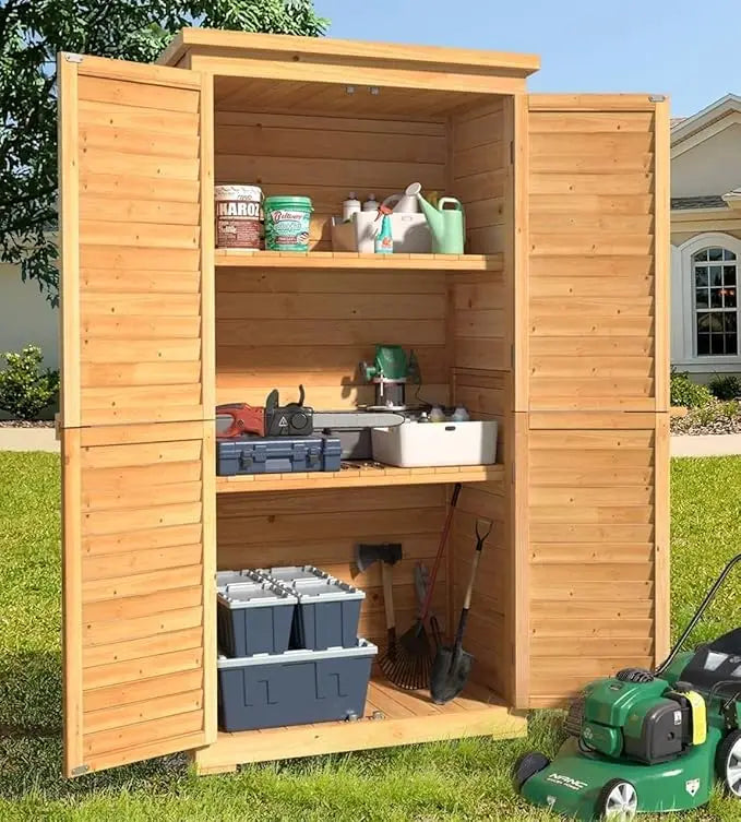 Outdoor Storage Cabinet with 3 Shelves, Double Lockable Wooden Garden Shed with Waterproof Roof, Outside Vertical Tall Tool Shed
