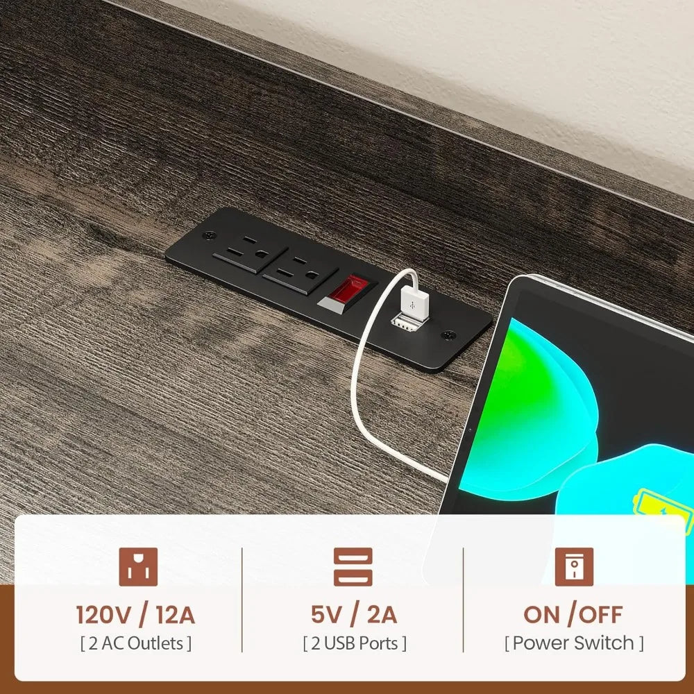 Coffee Bar Cabinet, Bakers Rack with Power Outlet and Storage, Farmhouse Microwave Stand Kitchen Cabinet with Hutch, LED Lights