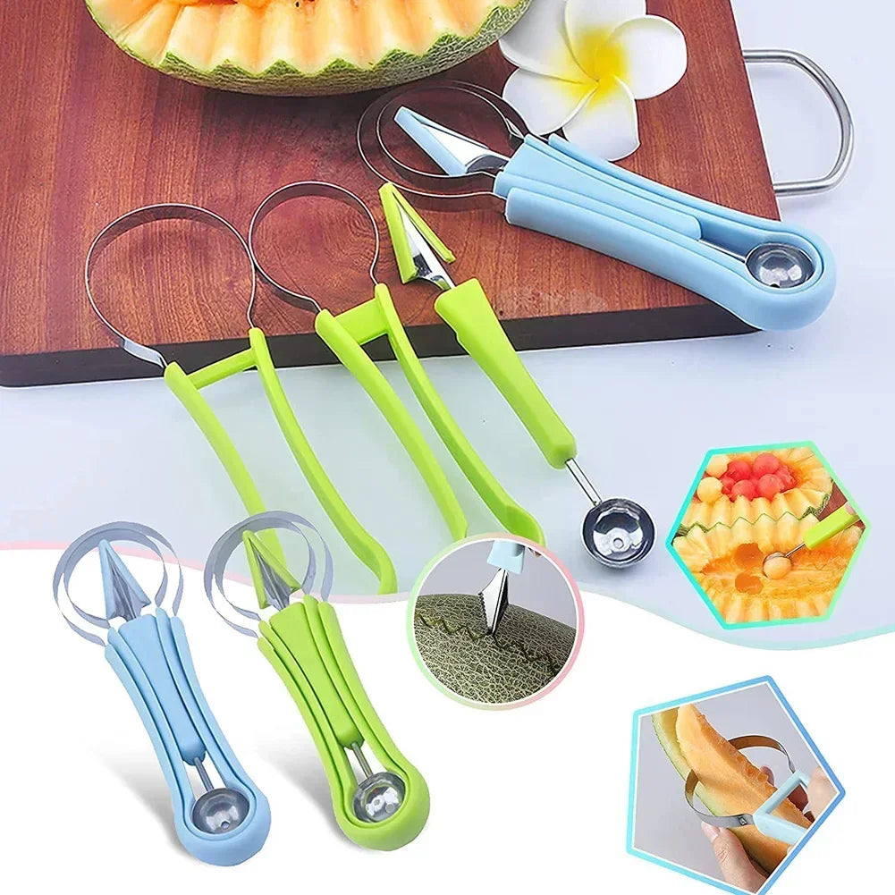 Melon Baller Scoop Set 4 in 1 Fruit Cutters Shapes Watermelon Scooper Fruit Scooper and Baller Fruit Carving Kitchen AccessoriesCurving