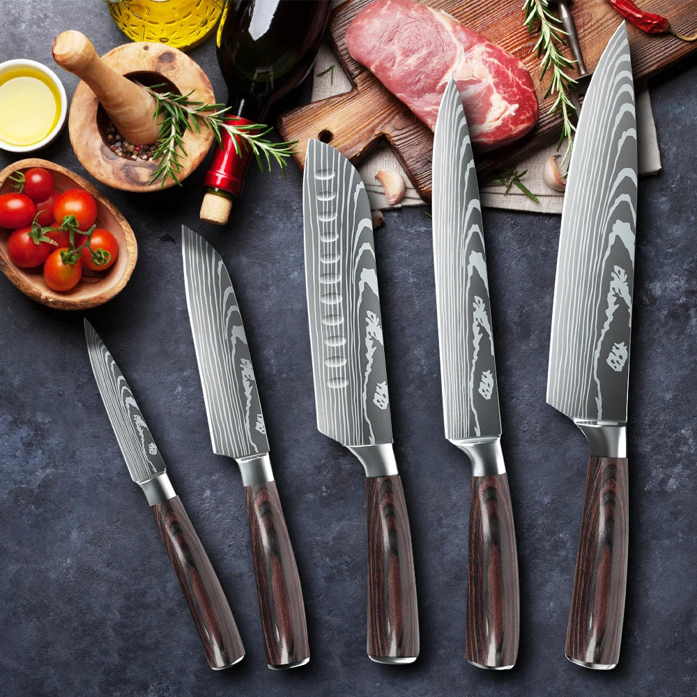 ZENG 5/8pcs/10pcs Kitchen Knives Japanese Stainless Steel Chef Knife Damascus Laser Pattern Slicing Santoku Kitchen Knife Set