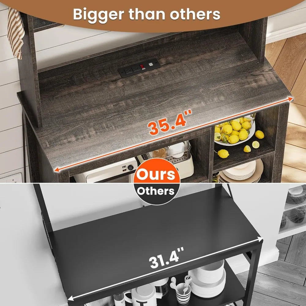 Coffee Bar Cabinet, Bakers Rack with Power Outlet and Storage, Farmhouse Microwave Stand Kitchen Cabinet with Hutch, LED Lights