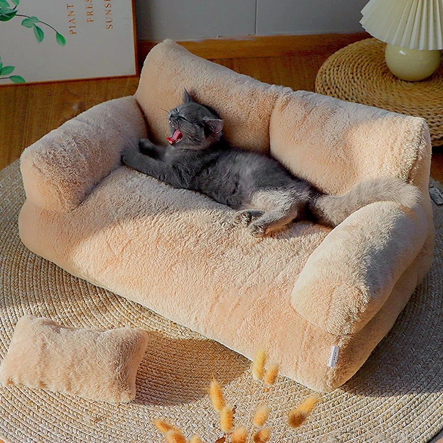 Plush Sofa Bed for Cats and Small Medium Dogs, Memory Foam Removable Washable Pet Sofa Bed