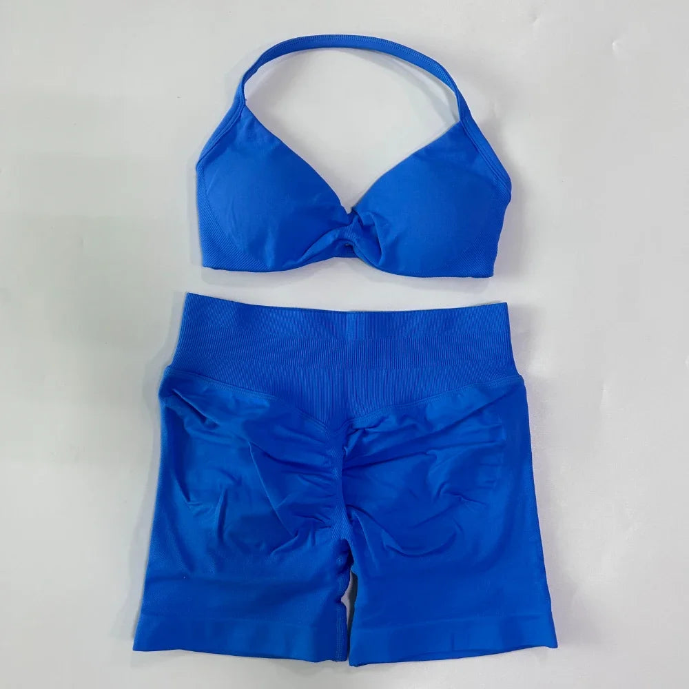 2PCS Gym Set Women Strappy Yoga Bra Top High Waist Workout Scrunch Shorts Sports Suit Seamless Yoga Set Fitness Clothes
