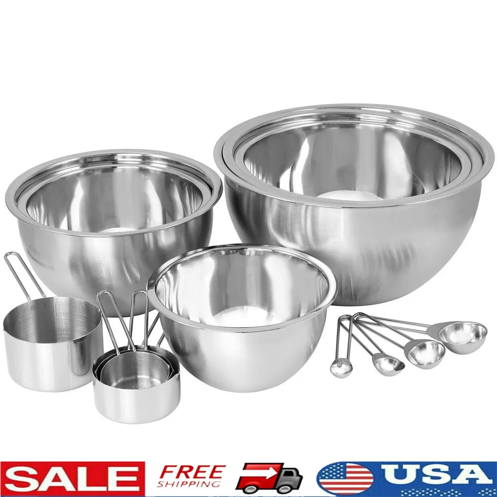 14 Piece Stainless Steel Measuring Cups Spoons Set with Mixing Bowls Kitchen Baking Utensils Durable Hand Wash Easy Storage