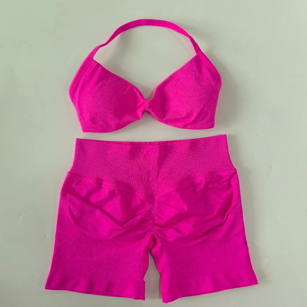2PCS Gym Set Women Strappy Yoga Bra Top High Waist Workout Scrunch Shorts Sports Suit Seamless Yoga Set Fitness Clothes