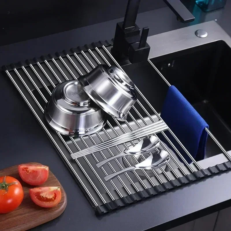 Foldable Kitchen Dish Drying Rack Stainless Steel Bowl Fruit Vegetable Dish Holder Sink Roller Organizer Basket Racks Tool