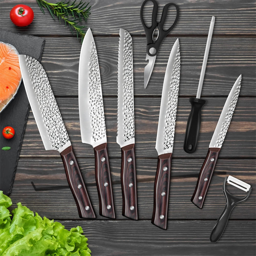 8pcs Chef Knife Kitchen Knives Set Hammer Pattern Sharp Cutting Blade Meat Salmon Slicing Knives Santoku Knives Kitchen