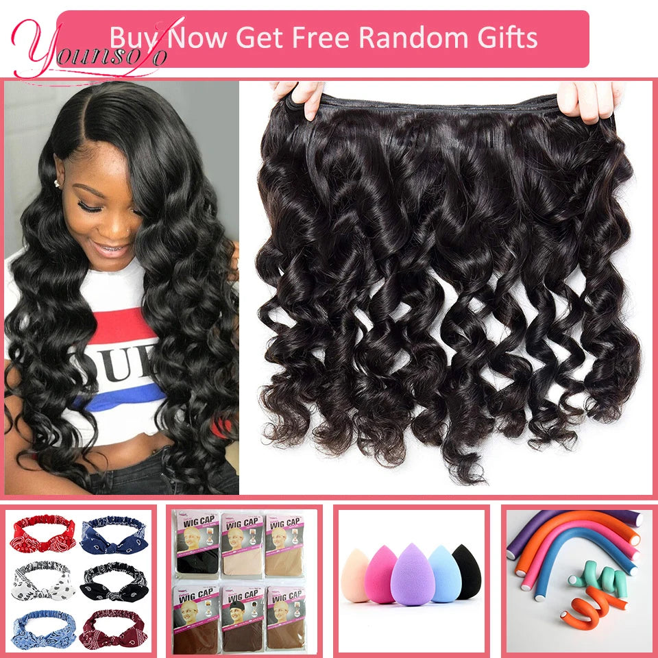Younsolo Loose Wave Bundles Brazilian Human Hair Loose Weave Bundles 1/3/4/Pcs Lot Natural Black Human Hair Extensions For Woman
