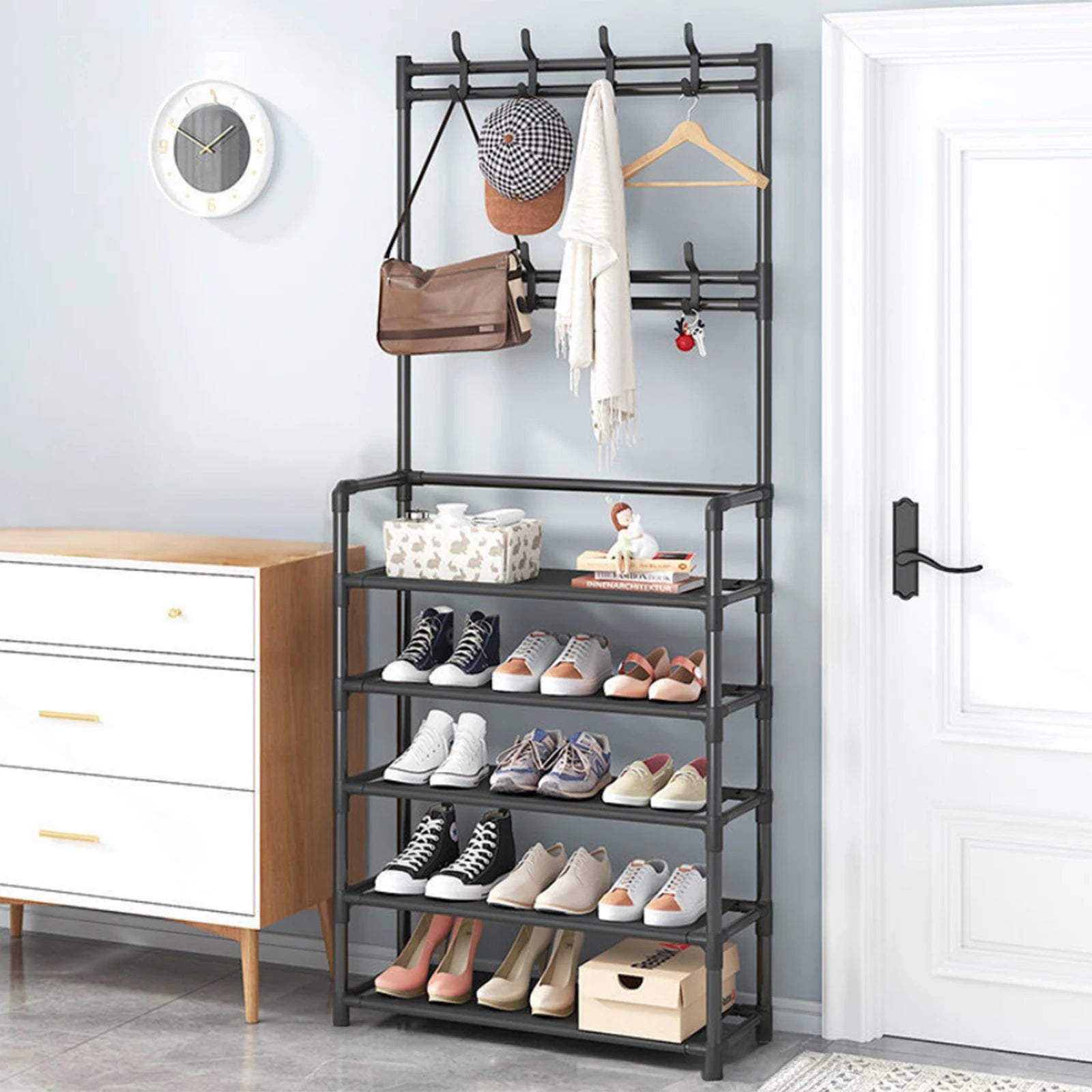 Coat Rack with Shoe Rack Organizer, 3-in-1 Metal Hall Tree with 5-Tier Shelf and 8 Removable Hooks, Freestanding Coat Shoe Rack