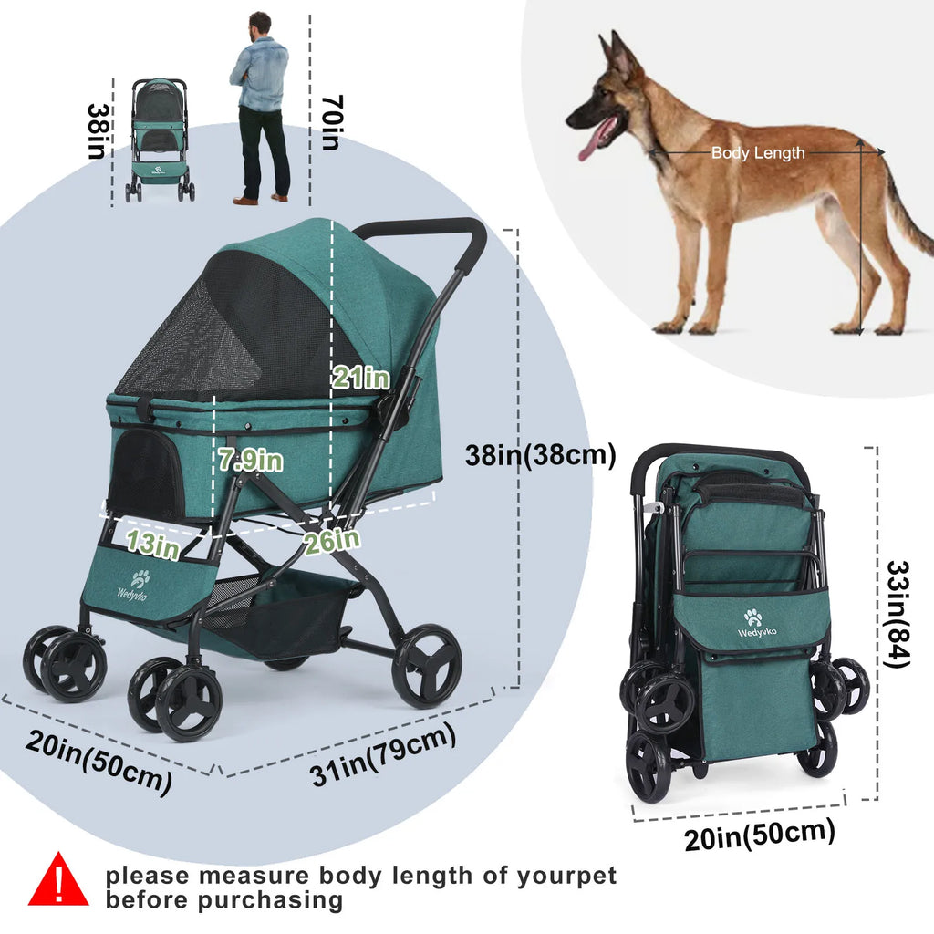 Dog Stroller, Pet Stroller for Medium Dogs Cats, with Dog Poop Bags, Reversible Handlebar, Tethers, Storage Basket and Pouch