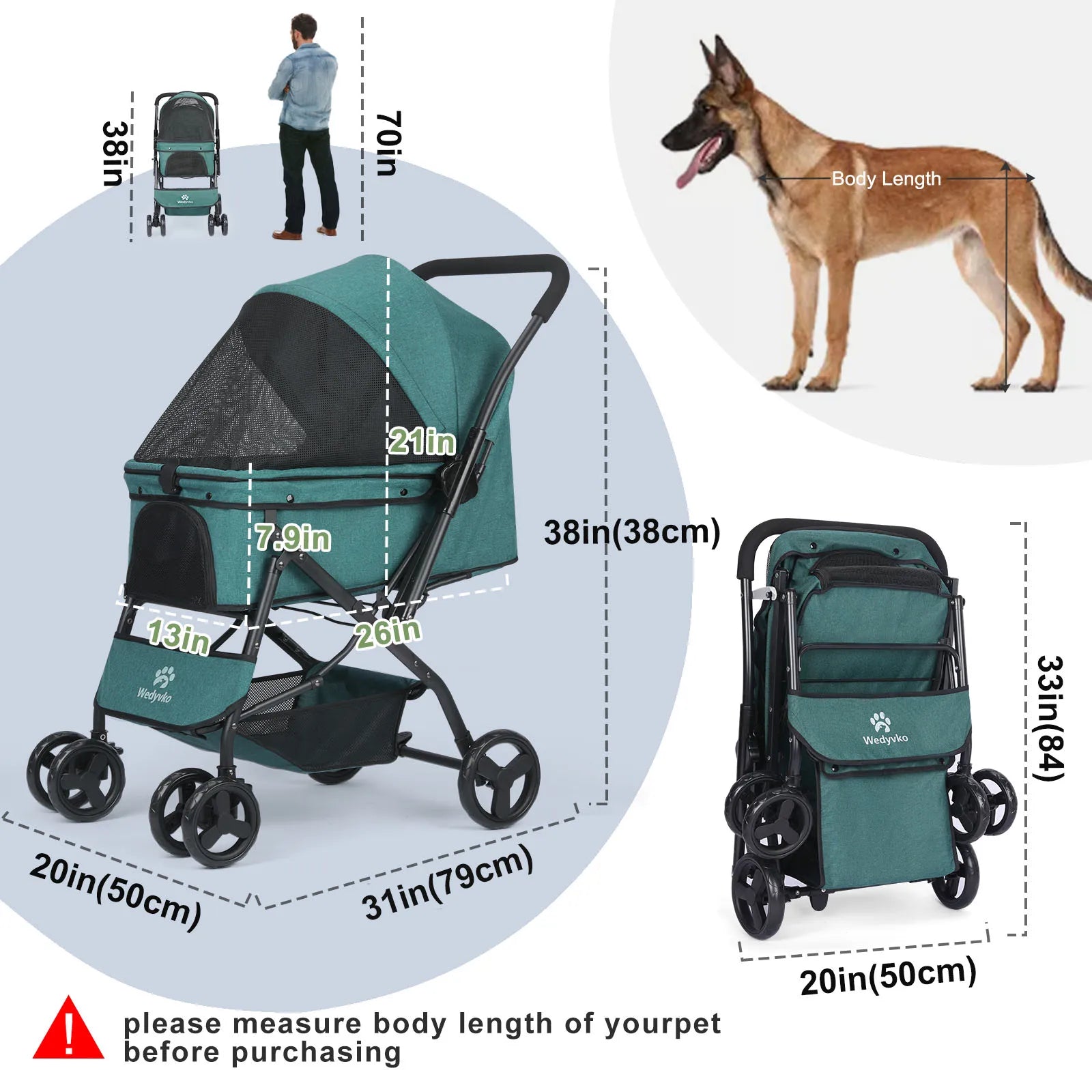 Dog Stroller, Pet Stroller for Medium Dogs Cats, with Dog Poop Bags, Reversible Handlebar, Tethers, Storage Basket and Pouch