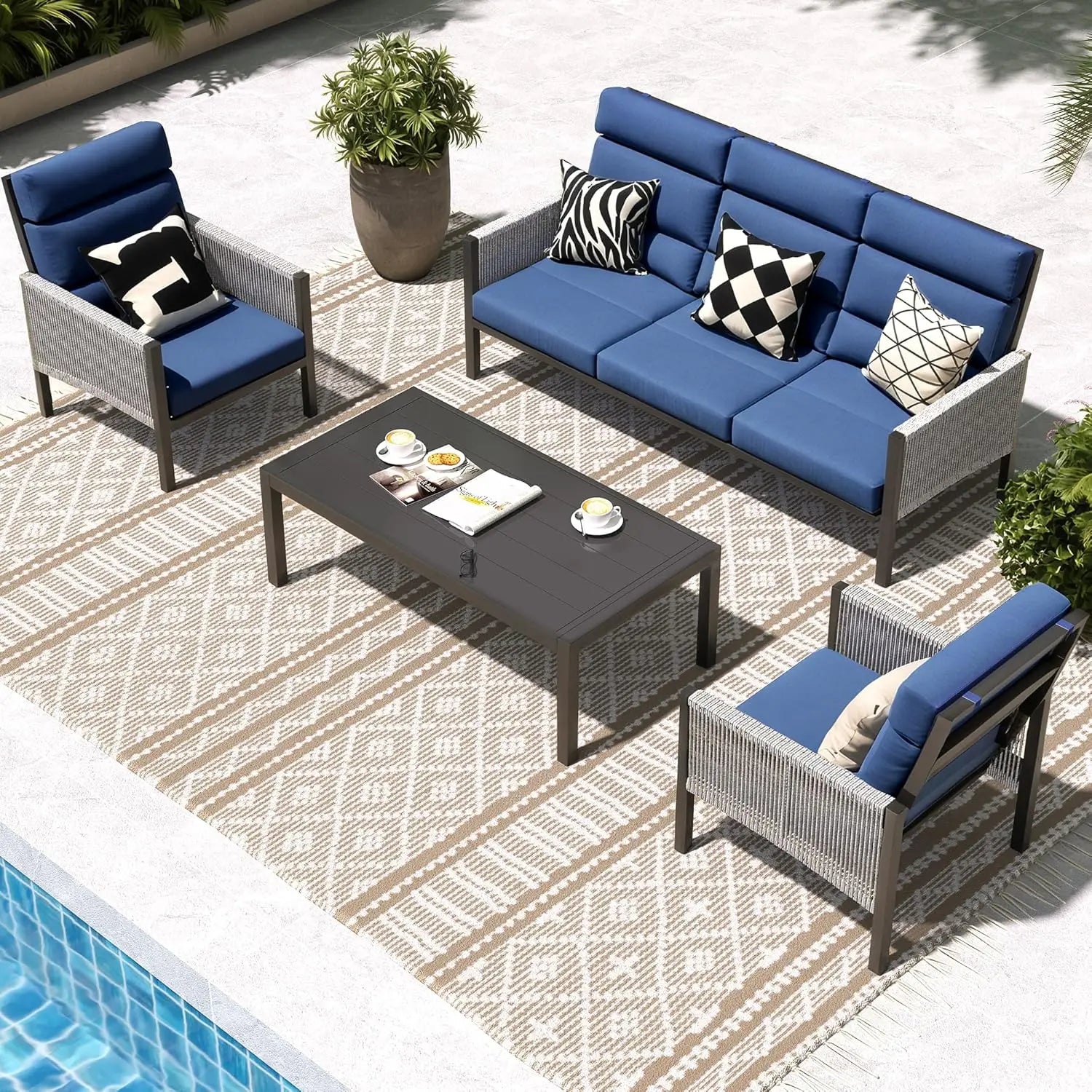 Aluminum Patio Furniture Set, High Back Outdoor Sectional Sofa, 4 Pieces Modern Conversation Sets for Porch, Balcony, Garden