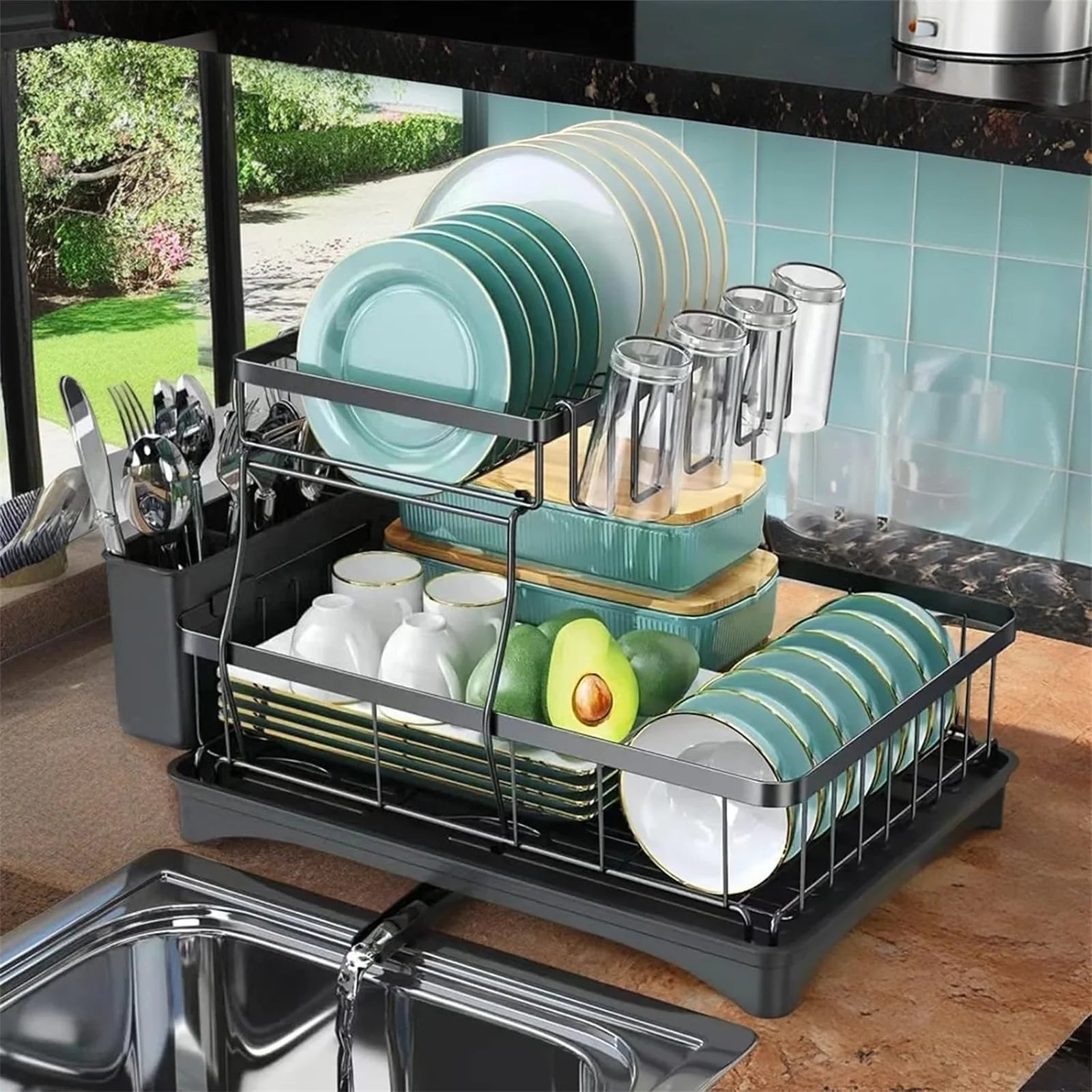2-Tier  Steel Dish Drying Rack – Large Kitchen Countertop Organizer with Drainer & Cutlery Holder