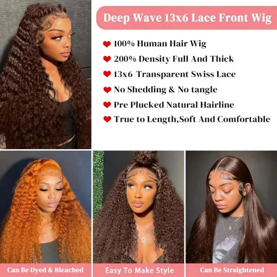 Chocolate Brown Deep Wave Lace Front Wigs Human Hair 13x6 HD Lace Frontal Wigs Curly Human Hair Wig Natural Hairline Brown Color