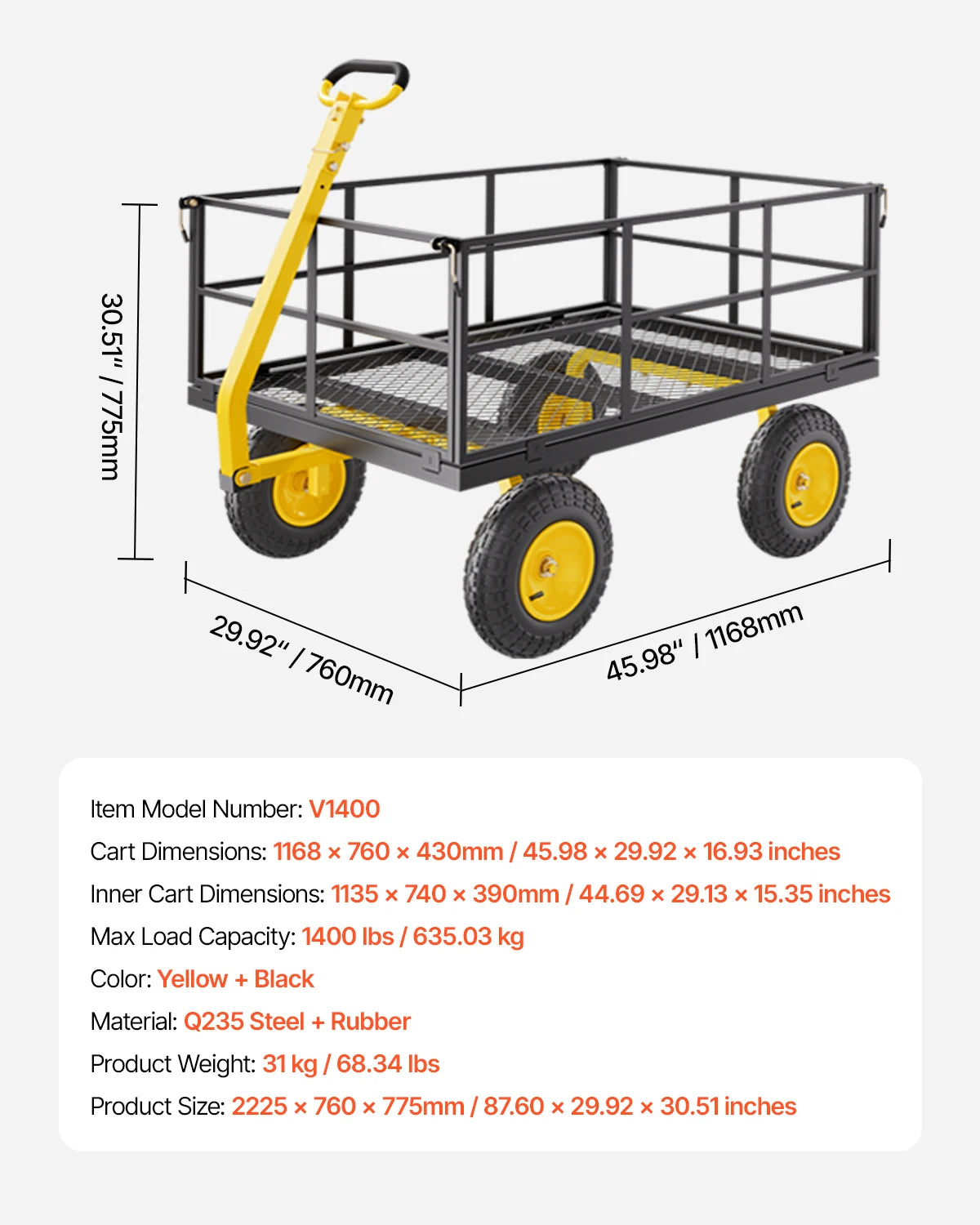 Garden Cart Pullable on Wheels Metal Yard Wagon Cart W/ All TerrainTires Mesh Removable Sides and Rotating Handle