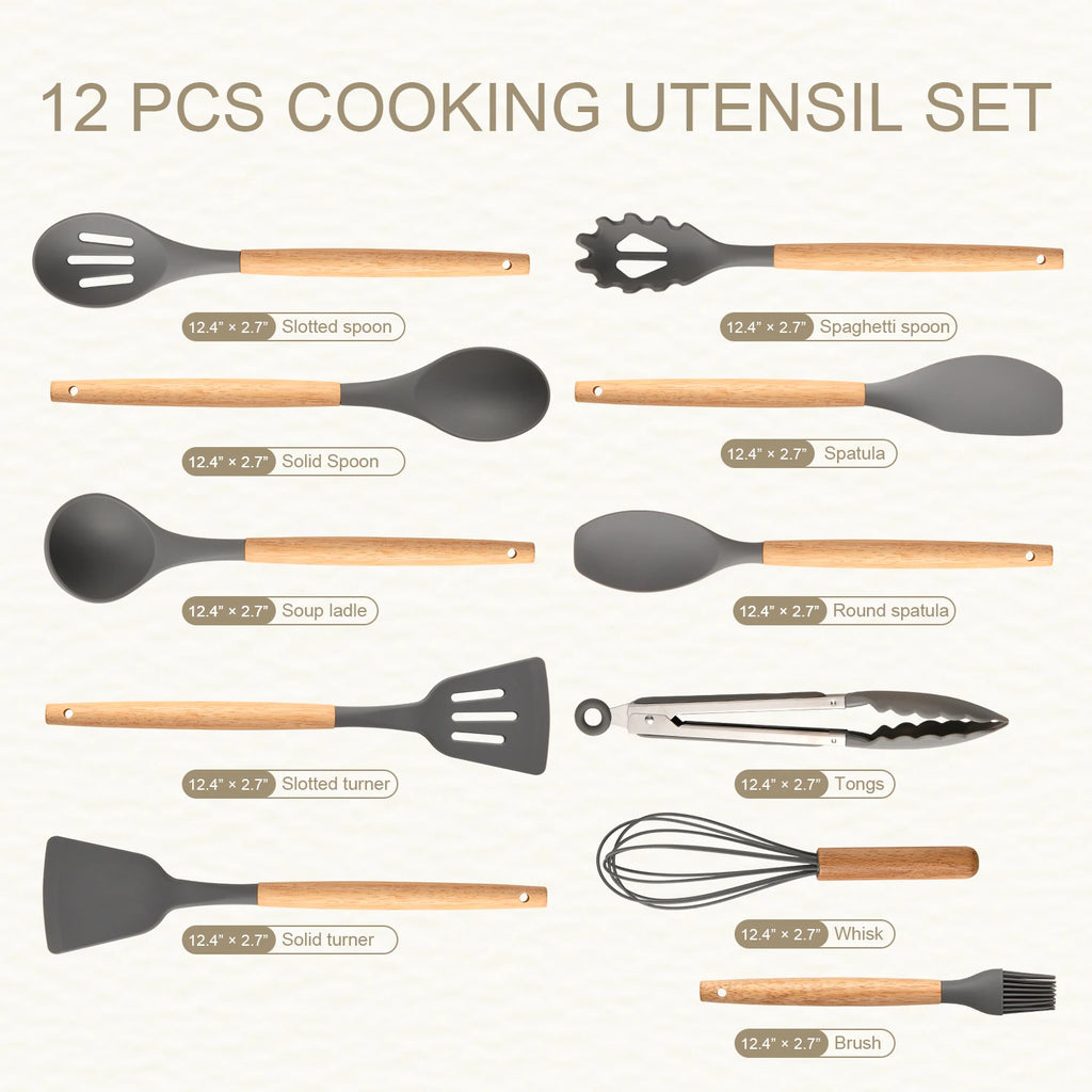 12 Pcs Non-Stick Silicon Heat Resistant Wooden Handle Kitchen Cooking Utensils Set, Gray Color
