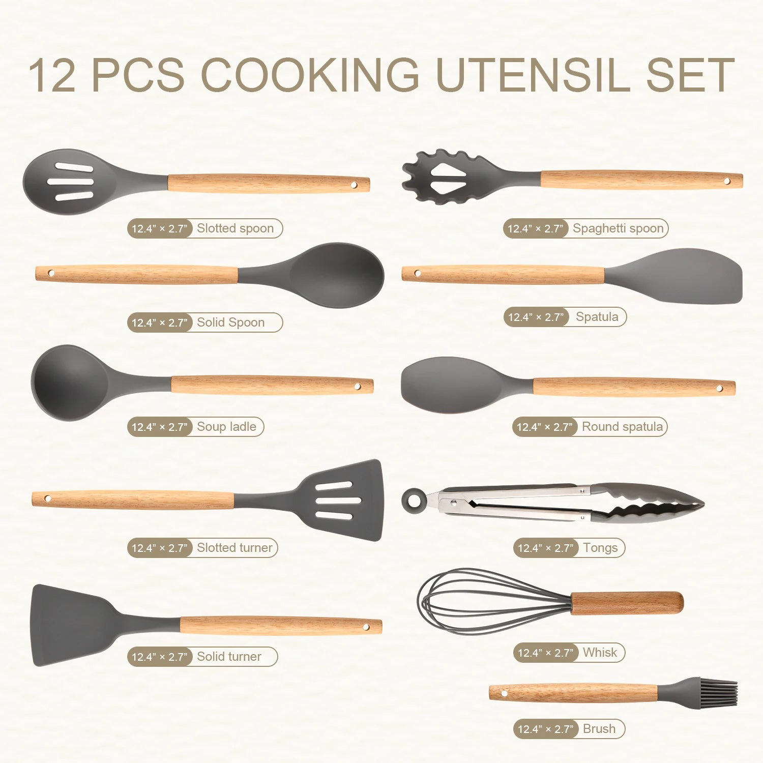 12 Pcs Non-Stick Silicon Heat Resistant Wooden Handle Kitchen Cooking Utensils Set, Gray Color