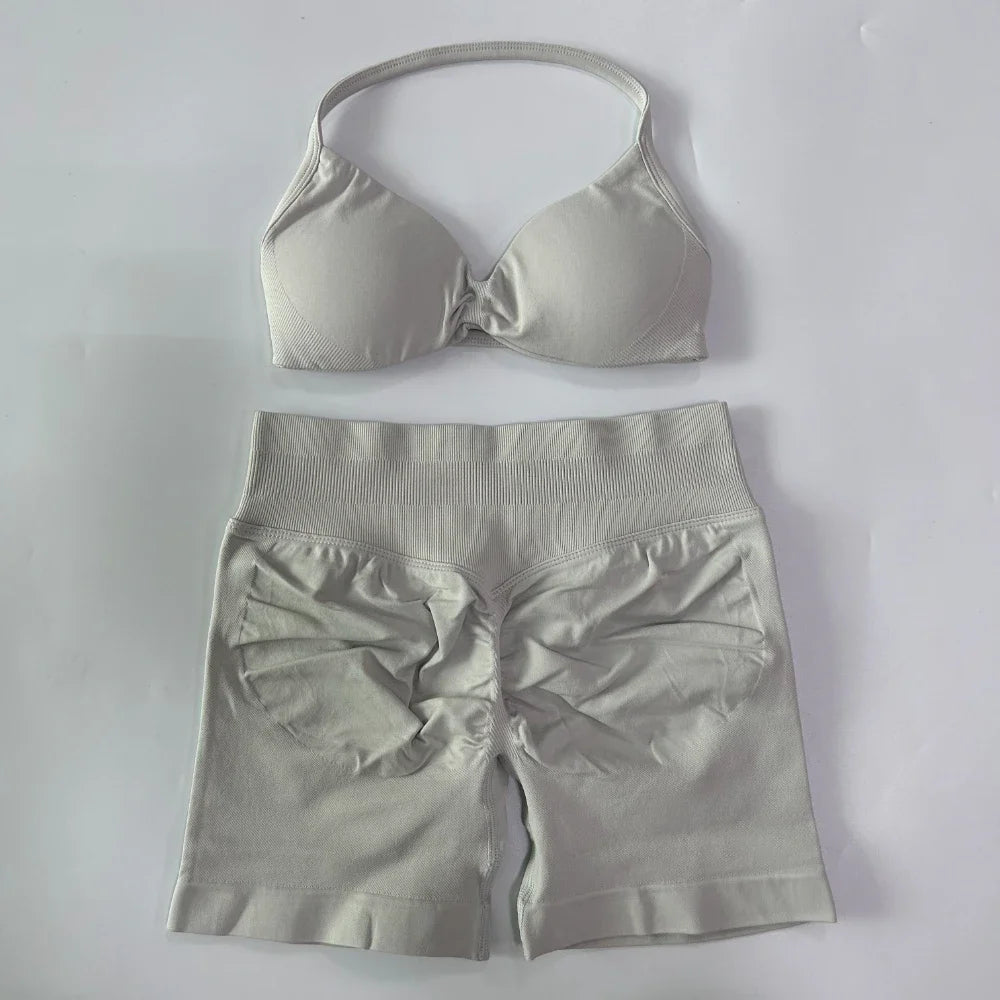 2PCS Gym Set Women Strappy Yoga Bra Top High Waist Workout Scrunch Shorts Sports Suit Seamless Yoga Set Fitness Clothes