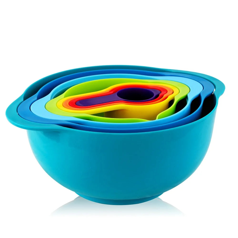 Multifunctional Plastic Mixing Bowl Set Colander Sifter Measuring Cup Non-Slip Stackable Kitchen Tools Baking Prep Utensils 8