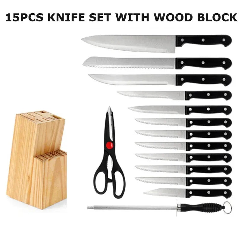 Kitchen Knife Set with Solid Wood Holder 15pcs Stainless Steel Sharp Chef's Knives bread Knife Cleaver Fruit Steak Knife Set