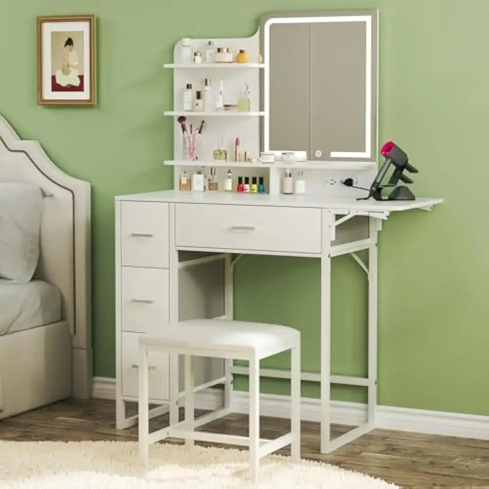 Makeup vanity with foldable panel and power outlet, equipped with mirror and light, fabric storage drawer, chair and shelf