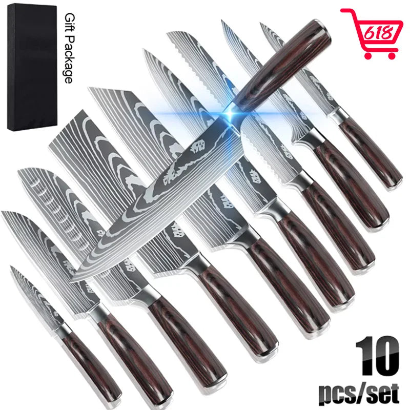 8/10pcs Gift Kitchen Knives Set Laser Damascus Pattern Chef Knife High Carbon Stainless Steel Sharp Fruit Slicing Knife