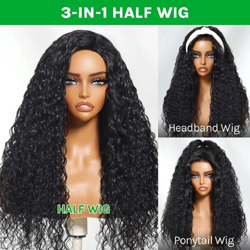 12A Water Wave Half Wigs Human Hair 200% Density Brazilian Wear Go Wigs Deep Curly 3 In 1 Half Wigs Drawstring Seamless Flip Wig