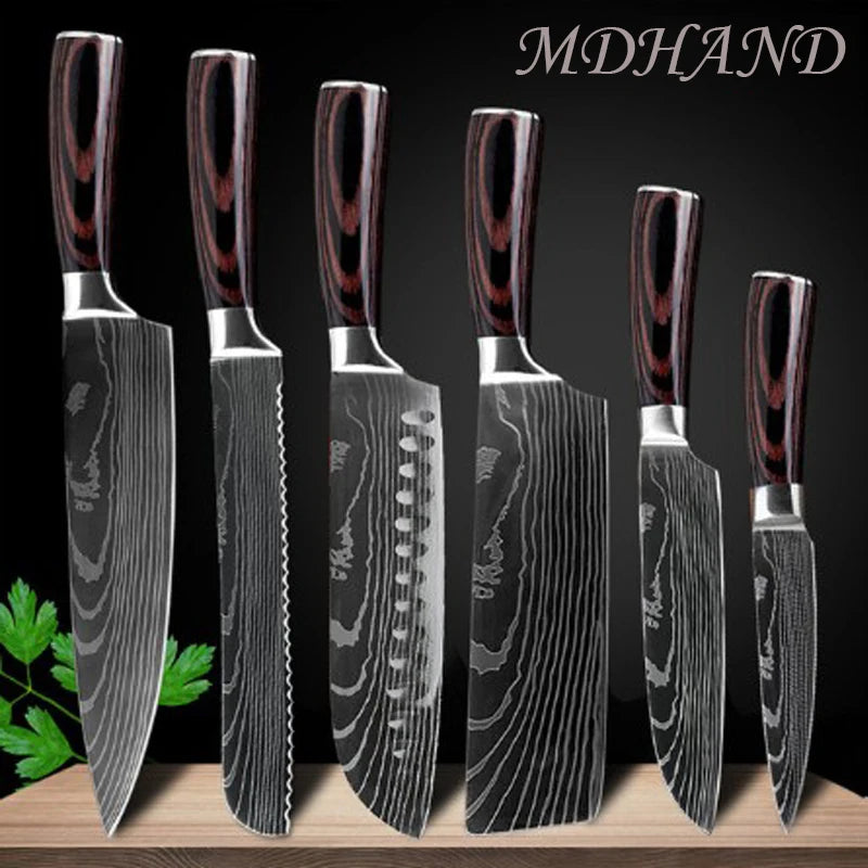 8 " Kitchen Knives Sharp Chef Knife Stainless Steel Laser Damascus Style Cleaver Sushi Knife Slicing Utility Cooking Accessories