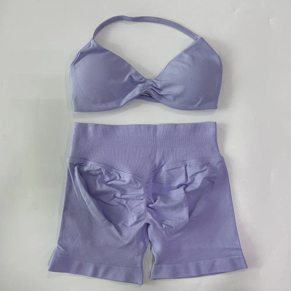 2PCS Gym Set Women Strappy Yoga Bra Top High Waist Workout Scrunch Shorts Sports Suit Seamless Yoga Set Fitness Clothes