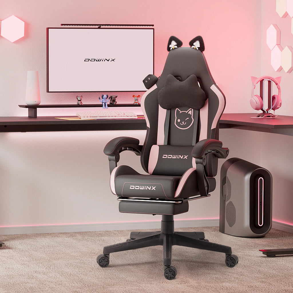 Gaming Chair Cute with Cat Ears and Massage Lumbar Support, Ergonomic Computer Chair for Girl with Footrest and Headrest