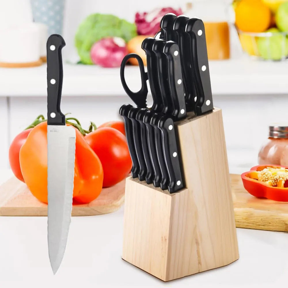 Kitchen Knife Set with Solid Wood Holder 15pcs Stainless Steel Sharp Chef's Knives bread Knife Cleaver Fruit Steak Knife Set