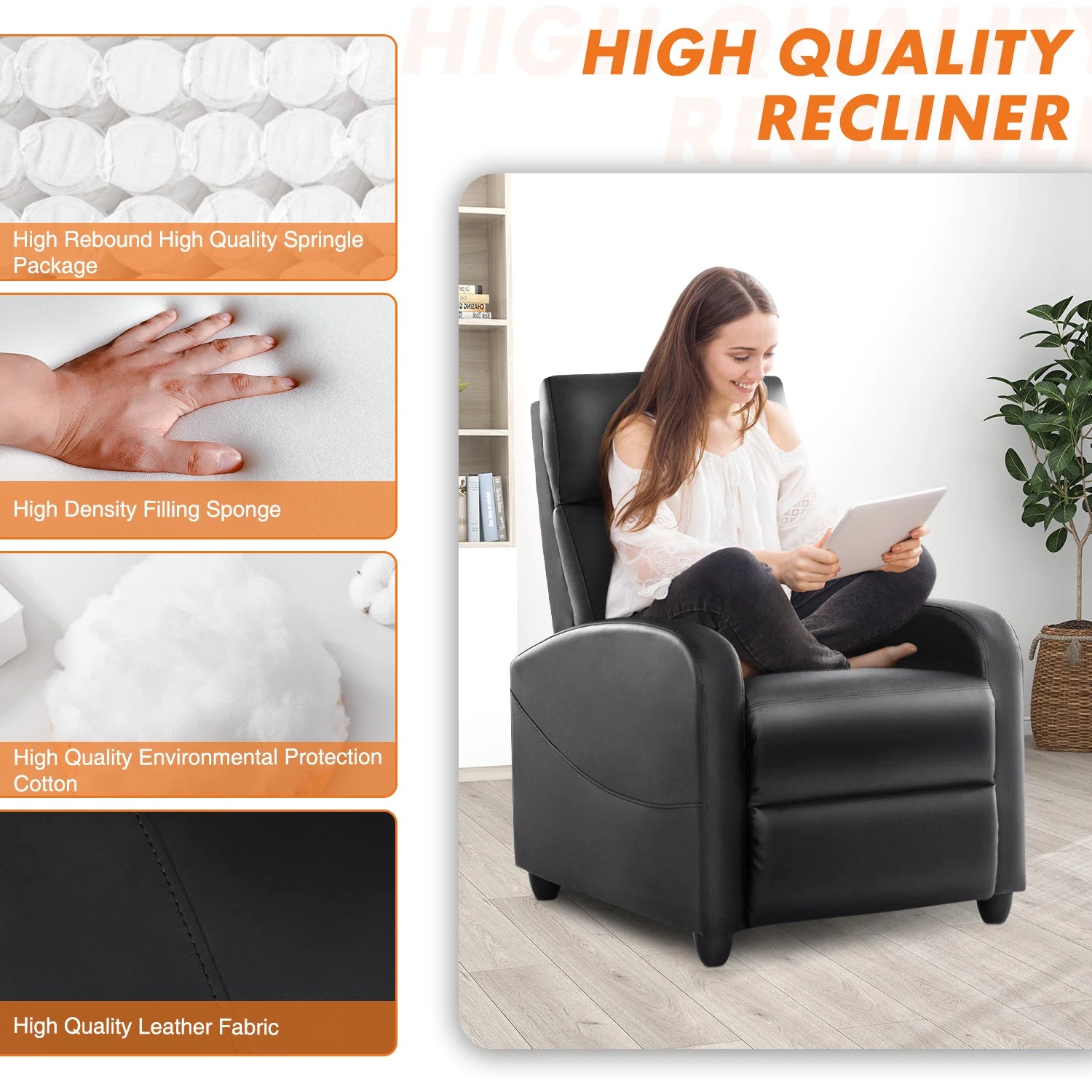 Recliner Chair Massage Sofa Fabric Theater Lumbar Support Adjustable Modern Padded Seat Backrest Living Room