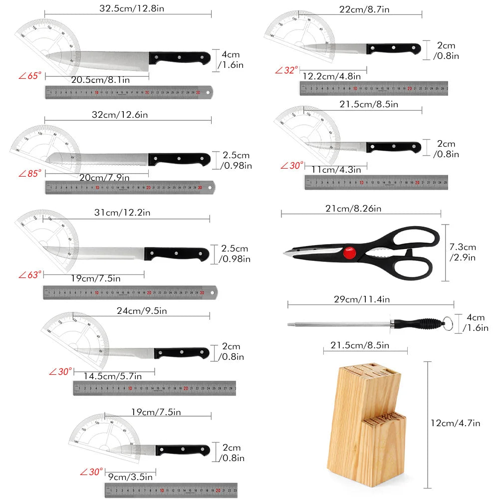 Kitchen Knife Set with Solid Wood Holder 15pcs Stainless Steel Sharp Chef's Knives bread Knife Cleaver Fruit Steak Knife Set