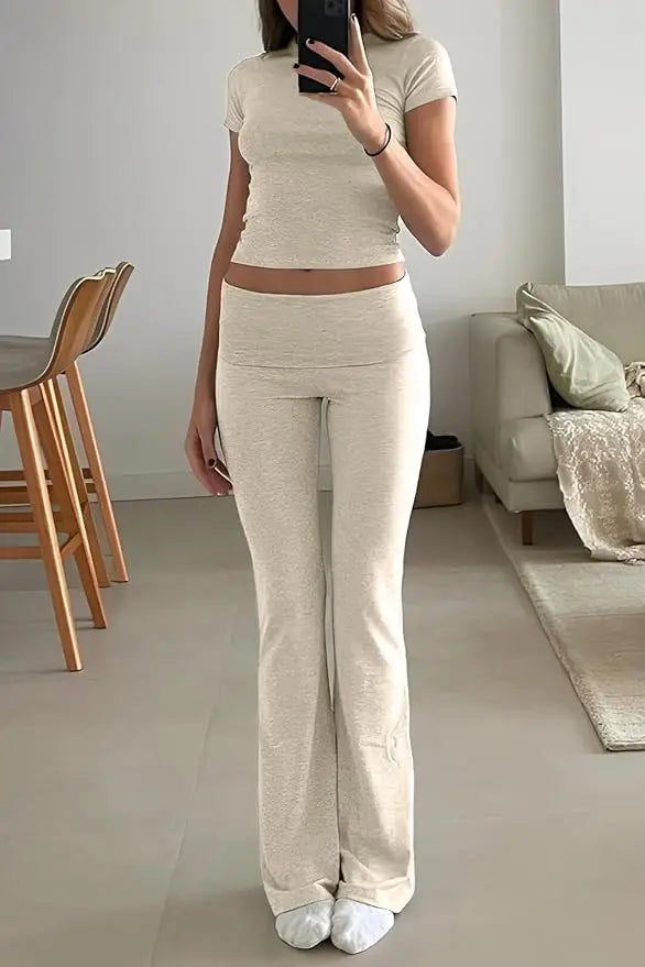 Women's two-piece sports leisure yoga set, short-sleeved cuffed flared trousers, short-sleeved top sports set