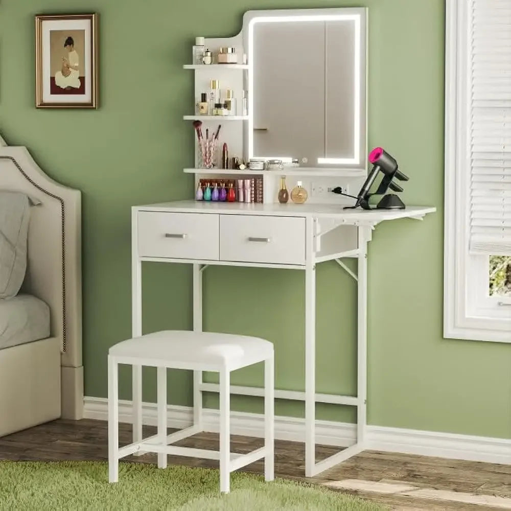 Makeup vanity with foldable panel and power outlet, equipped with mirror and light, fabric storage drawer, chair and shelf