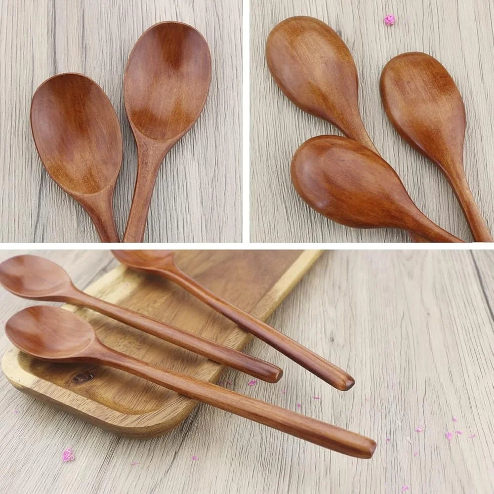 Eco-Friendly Wooden Spoons Set of 6 Long Handle 9 Inch Kitchen Utensils Stirring Mixing Soup Spoons Unique Grain Natural Finish