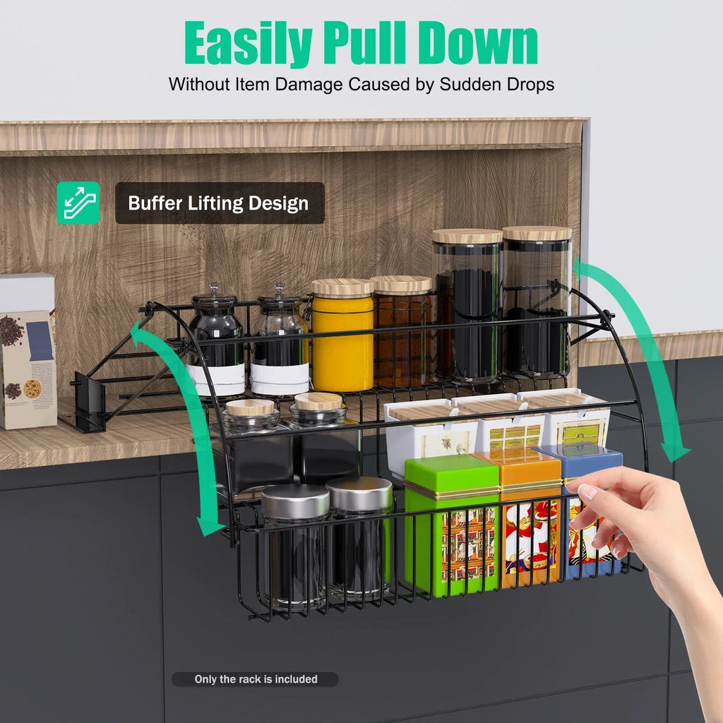 3-Layer Pull Down Cabinet Spice Rack Organizer,Metal Storage Shelf, Large Capacity Retractable Kitchen Storage Shelf Organizer
