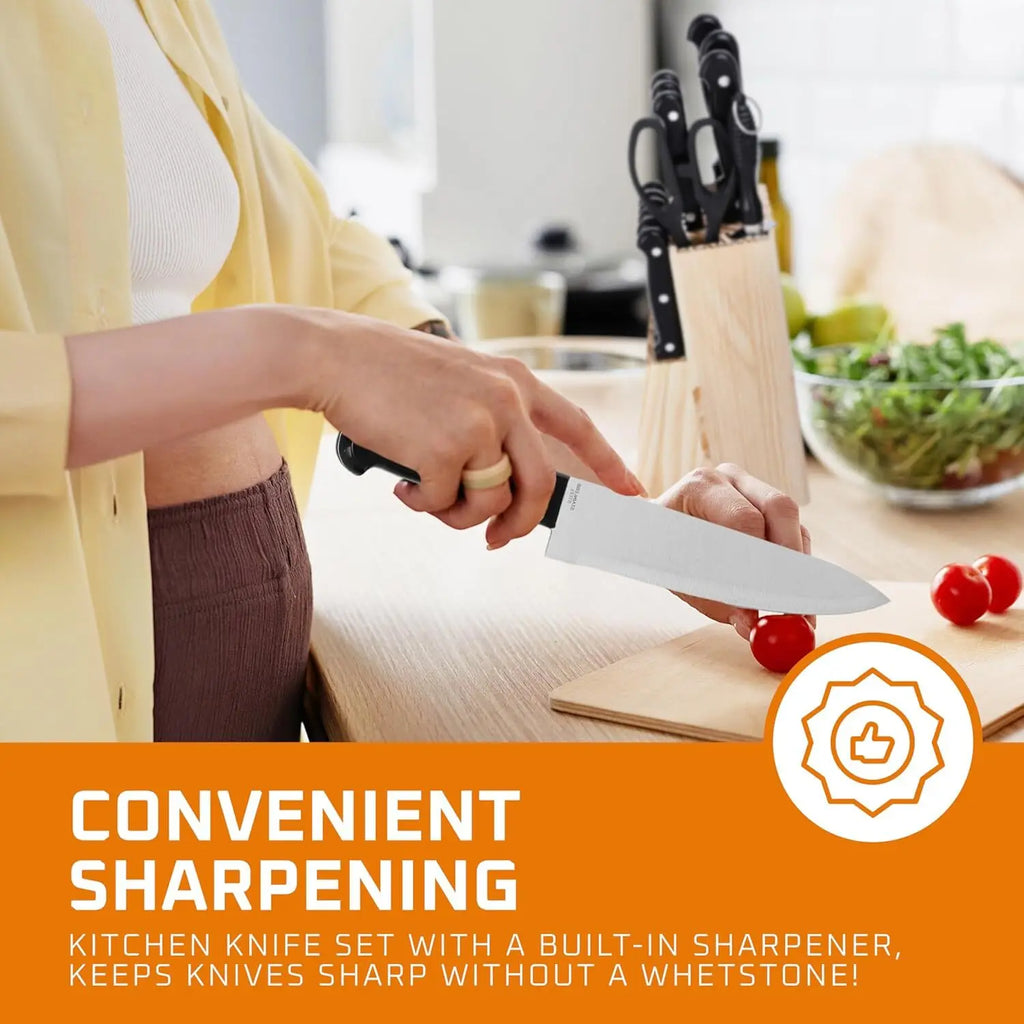 Kitchen Knife Set with Solid Wood Holder 15pcs Stainless Steel Sharp Chef's Knives bread Knife Cleaver Fruit Steak Knife Set