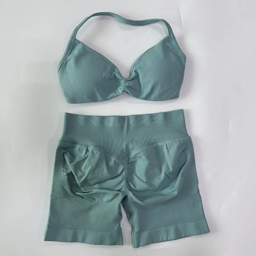 2PCS Gym Set Women Strappy Yoga Bra Top High Waist Workout Scrunch Shorts Sports Suit Seamless Yoga Set Fitness Clothes