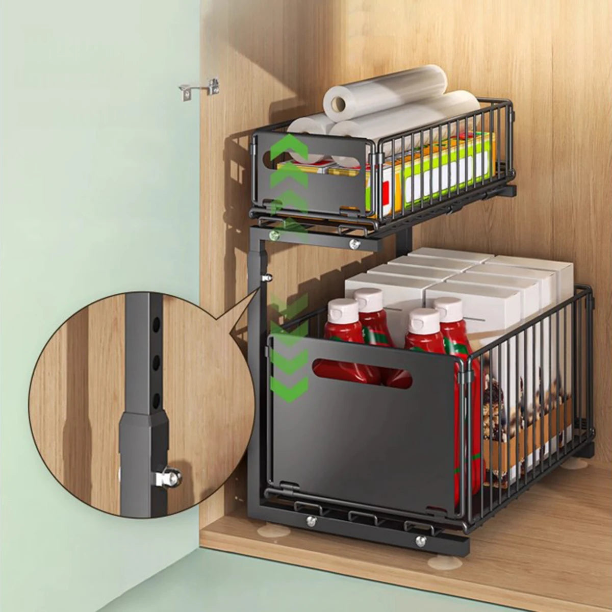 Under Sink Organizers and Storage,Metal Pull Out Cabinet Organizer,2-Tier Sliding Out Kitchen Basket for Kitchen Bathroom