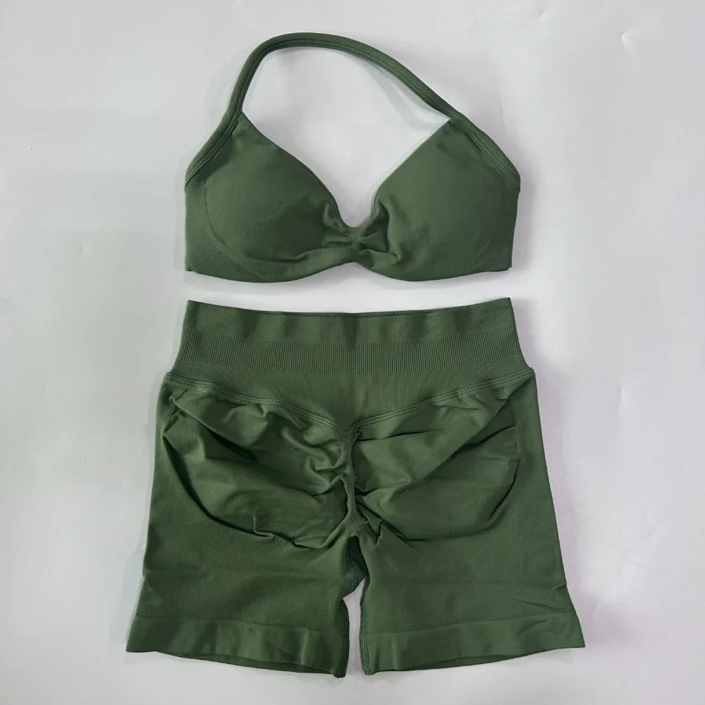 2PCS Gym Set Women Strappy Yoga Bra Top High Waist Workout Scrunch Shorts Sports Suit Seamless Yoga Set Fitness Clothes