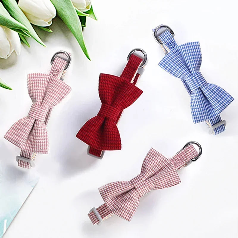 Bow Plaid Collar Pet Puppy Cat Dog Adjustable Neck Collar For Small Dogs Necktie Grooming Bow Tie Sweet Pet Accessories